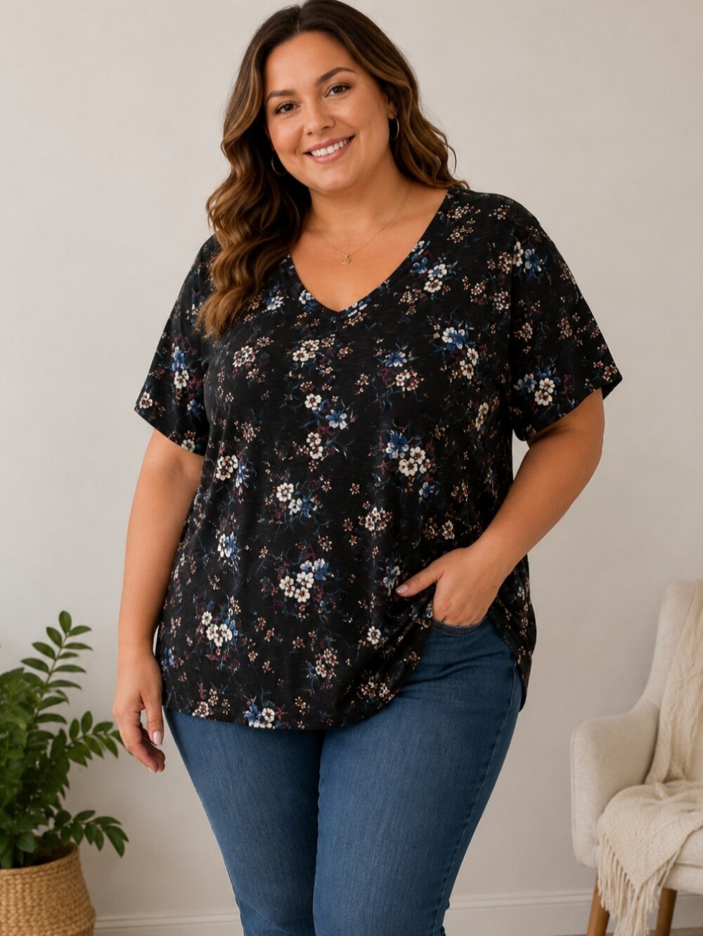 NWT Penningtons Black Floral V-Neck Top Tunic Plus Size 6X